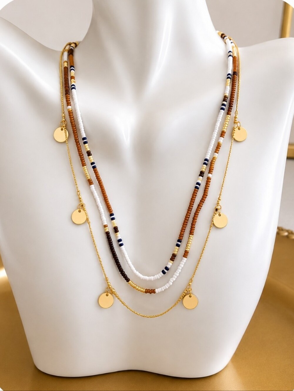 Layered Bead Gold Disc Necklace - White and Brown Blue Bead Seeds